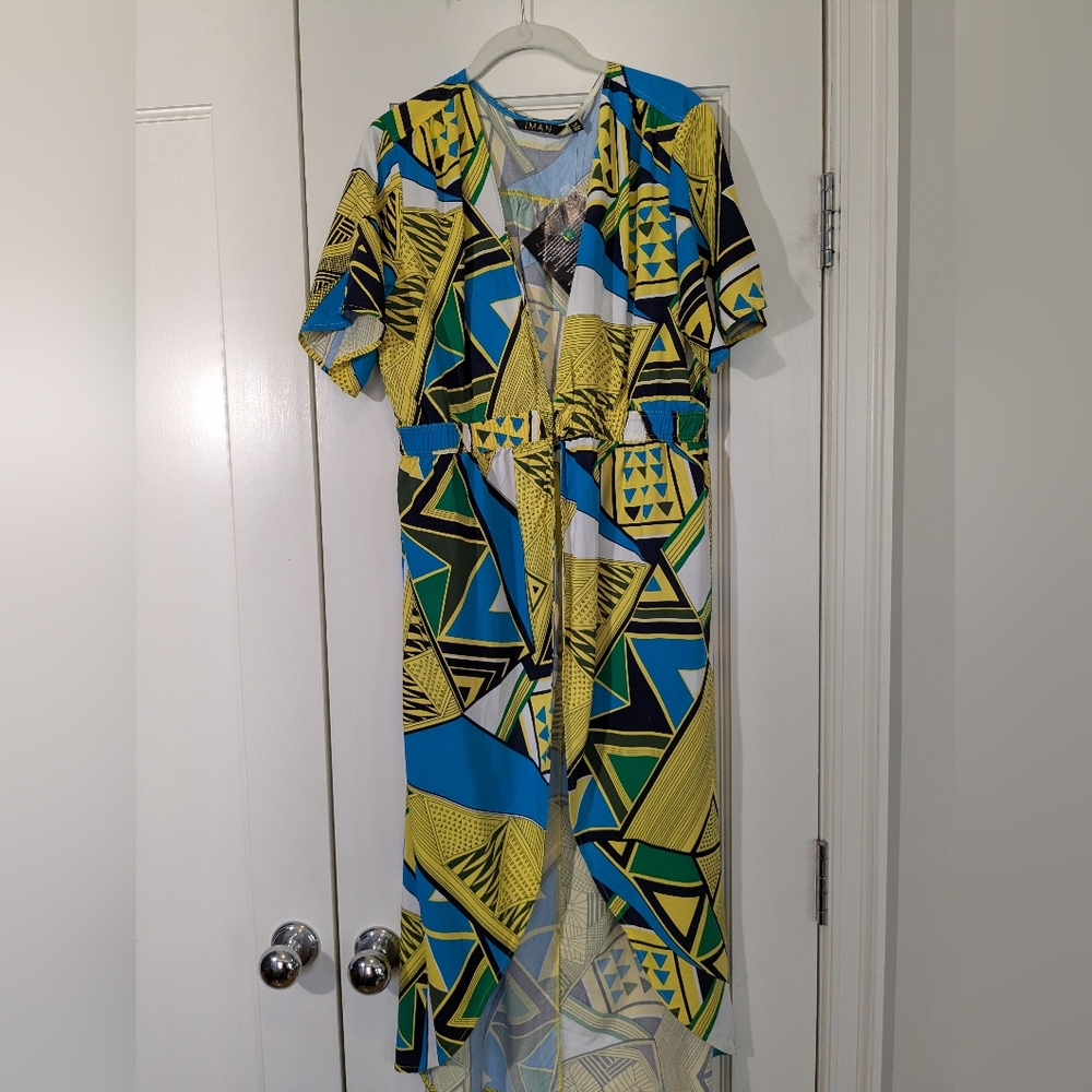 NWT Iman Color Block Open Front - With Tail - Yellow, Black, Blue Sz L - Picture 4 of 15